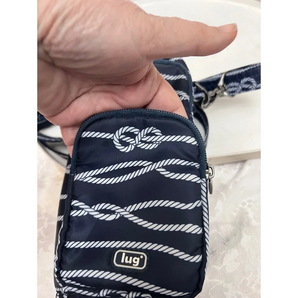 Lug Water Bottle Holder Crossbody Bag Navy Blue Nautical Rope Print Pockets